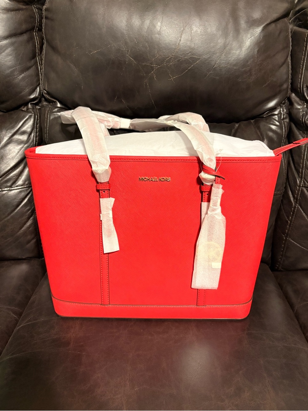 Michael Kors Bright Red Saffiano Leather Tote with Gold Logo